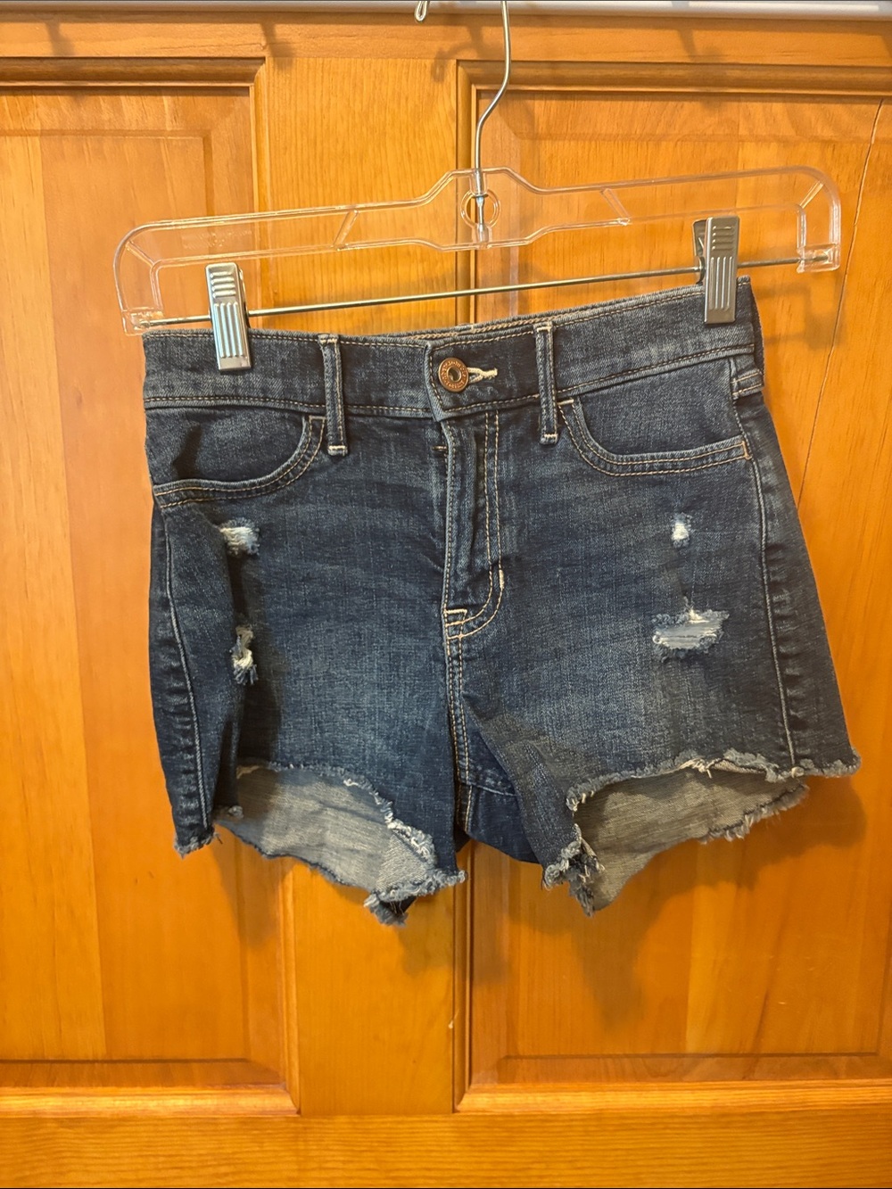 abercrombie kids dark blue distressed denim shorts
